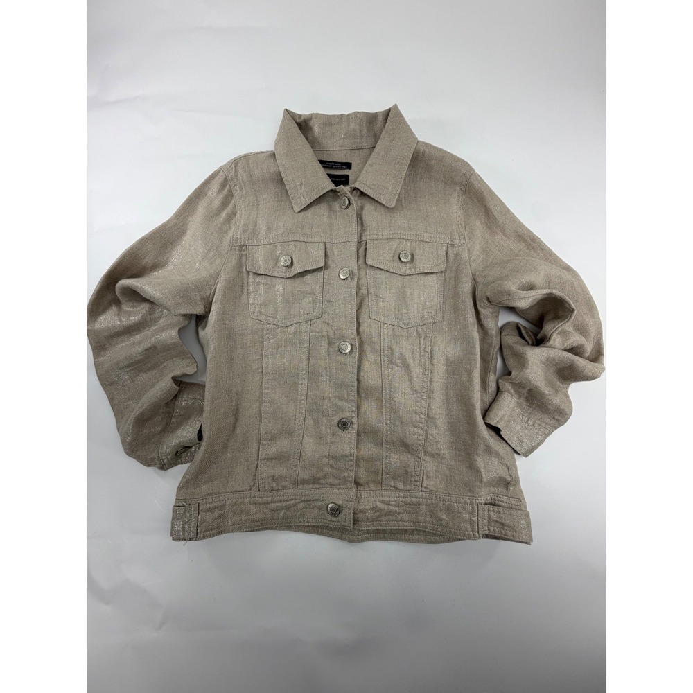Jones New York JNY Linen Trucker Jacket Metallic Beige European Flax Small